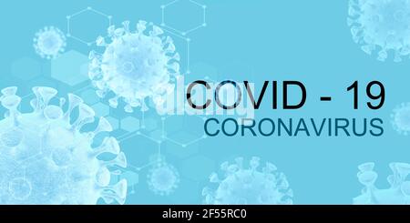 Covid - 19 testo del coronavirus su sfondo azzurro con cellule del coronavirus. Coronavirus 3d illustrazione sfondo. Foto Stock