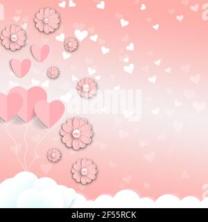 Sfondo rosa astratto con cuori di carta tagliata e scintille. Sfondo dell'illustrazione. Foto Stock