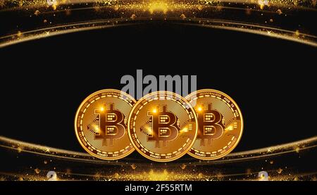 Bitcoin su sfondo nero e oro. Illustrazione 3d. Foto Stock