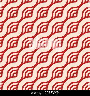 Senza giunture astratte. Motivo lineare intrecciato senza giunture, linee ondulate. Trama a righe senza fine con elementi avvolgianti. Linee rosse su sfondo beige. Vettore. Illustrazione Vettoriale