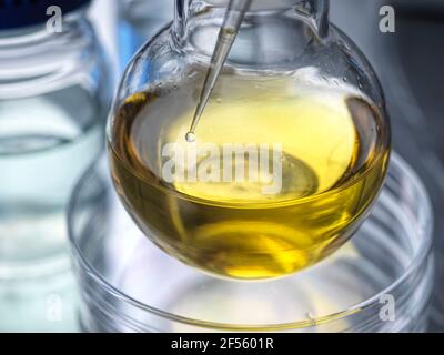 Formula chimica gialla in pallone di vetro in laboratorio Foto Stock