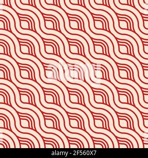 Senza giunture astratte. Motivo lineare intrecciato senza giunture, linee ondulate. Trama a righe senza fine con elementi avvolgianti. Linee rosse su sfondo beige. Vettore. Illustrazione Vettoriale