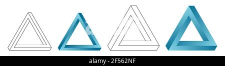 Insieme di quattro triangoli impossibili. Figure eterne. Illusione ottica Penrose. Oggetti geometrici astratti a colori infiniti. Isolato su sfondo bianco. Illustrazione Vettoriale