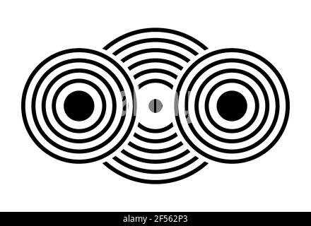 Tre cerchi sovrapposti, isolati su sfondo bianco. Piastra, icona di collegamento. Forma geometrica simmetrica, logo. Stile lineare. Vettore. Illustrazione Vettoriale