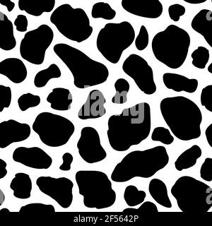 Vettore Cow pattern sfondo senza giunture. Macchie nere irregolari su sfondo bianco. Illustrazione astratta della struttura della pelle delle mucche. Mano di macchie bovine casuali Illustrazione Vettoriale