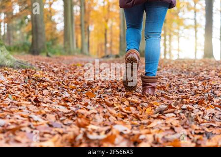 Donna con stivali che camminano sulle foglie autunnali nella foresta Foto Stock