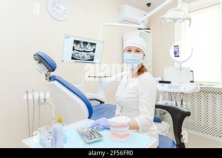 Ritratto di dentista femminile che indossa una maschera protettiva seduta dentro clinica dentale Foto Stock
