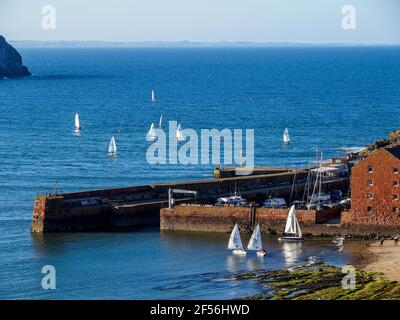 I gommoni a vela e il porto, a nord di Berwick, presi dalla torre della chiesa di St Andrew Blackadder Foto Stock