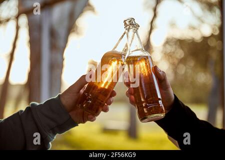 Mani di due amici maschi che tostano con bottiglie di birra Foto Stock