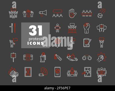 Icone vettoriali di protesta, dimostrazione, sciopero, Revolution Set. Simbolo grafico per il design del sito Web, il logo, l'app, l'interfaccia utente Illustrazione Vettoriale