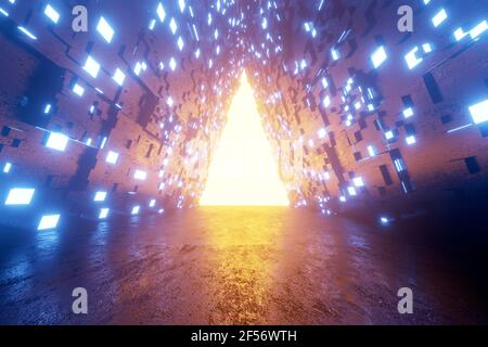 Rappresentazione tridimensionale del portale a forma di triangolo che si illumina all'estremità di corridoio futuristico Foto Stock