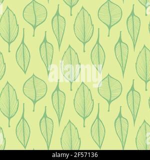 Disegno a mano di fogli, illustrazione senza giunture con foglie su sfondo verde Illustrazione Vettoriale