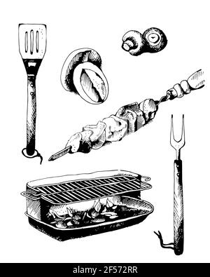 Set di oggetti bbq, disegni incisi, illustrazioni vettoriali Illustrazione Vettoriale