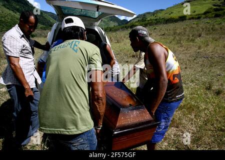 Itaju do colonia, bahia, brasile - 24 febbraio 2012: Gli Indiani dell'etnia Pataxo-ha-ha-ha-hae raccolgono il corpo di un indiano ucciso durante la co agraria Foto Stock