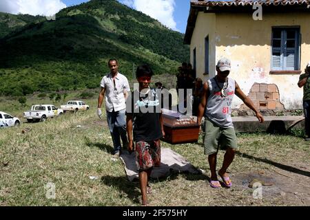 Itaju do colonia, bahia, brasile - 24 febbraio 2012: Gli Indiani dell'etnia Pataxo-ha-ha-ha-hae raccolgono il corpo di un indiano ucciso durante la co agraria Foto Stock