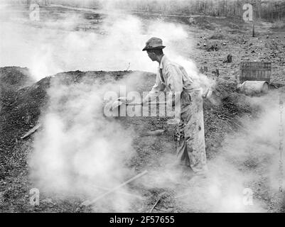 Henry Dukes, mutuatario dell'amministrazione di sicurezza agricola degli Stati Uniti (FSA), carbone che brucia, contea di Heard, Georgia, Stati Uniti, Jack Delano, U.S. Farm Security Administration, aprile 1941 Foto Stock