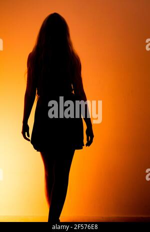 Silhouette di una donna che indossa un abito estivo corto Foto Stock