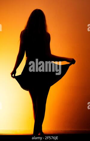 Silhouette di una donna che indossa un abito estivo corto Foto Stock