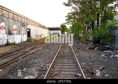 Binari ferroviari dell'ex Ferrovia Meridionale di Long Island, filiale di Atlantic Avenue a Bushwick Brooklyn, New York City, USA. Foto Stock