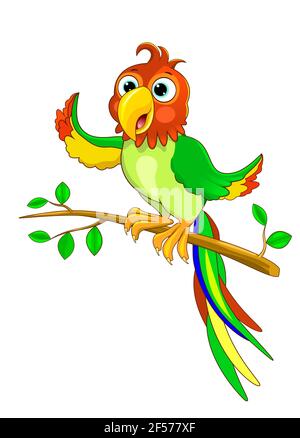 Il pappagallo dei cartoni verdi siede su un ramo di albero. Carattere Parrot. Illustrazione Vettoriale