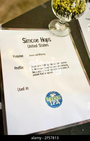 Scheda riassuntiva del Simcoe Hops utilizzato nel River Horse IPA presso la River Horse Brewing Co. A Ewing, NJ, USA Foto Stock