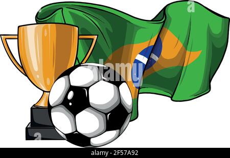 pallone da calcio con coppa e vettore bandiera brasile Illustrazione Vettoriale