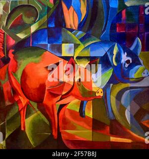 Franz Marc opera intitolata Pigs. Suini cubisti - uno rosso - uno blu - paesaggio vibrante. Foto Stock