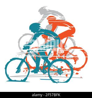 Tre ciclisti, competizione, espressiva stilizzata. Ciclisti alla massima velocità. Imitazione del disegno a mano. Isolato su sfondo bianco. Illustrazione Vettoriale