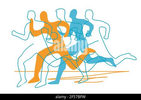 Corsa, joggers, linea d'arte stilizzata. Illustrazione stilizzata con silhouette stilizzate dei runner e disegno a linea continua. Vettore disponibile. Illustrazione Vettoriale
