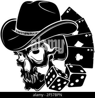 silhouette nera del cranio di cowboy con asso da poker e dadi Illustrazione Vettoriale
