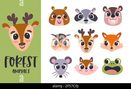 Cartoon Animal Heads Collection. Carino teste animali della foresta. Perfetto per avatar, stampe e attività per bambini. Illustrazione vettoriale. Illustrazione Vettoriale