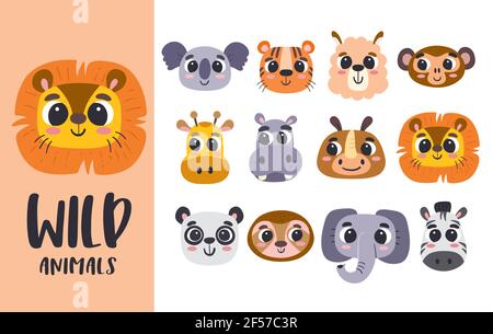 Cartoon Animal Heads Collection. Cute teste animali selvatiche. Perfetto per avatar, stampe e attività per bambini. Illustrazione vettoriale. Illustrazione Vettoriale