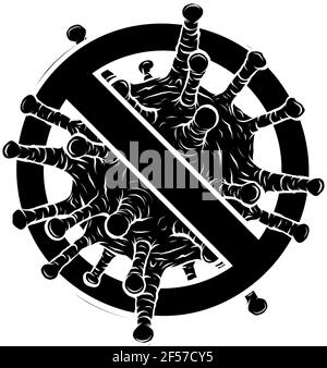 Silhouette nera del segno proibito con l'icona del glifo delle particelle del virus Illustrazione Vettoriale