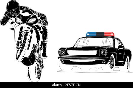La silhouette nera dell'automobile della polizia sta inseguendo un criminale su una motocicletta. Illustrazione Vettoriale