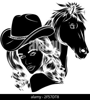 silhouette nera di ragazza vestita da cowboy con cavallo Illustrazione Vettoriale