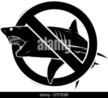 Silhouette nera del predatore marino, lo squalo sullo sfondo del segno di divieto Illustrazione Vettoriale