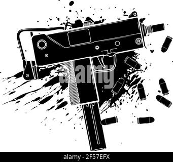 silhouette nera dell'arma uzi dell'esercito con proiettili e sangue Illustrazione Vettoriale