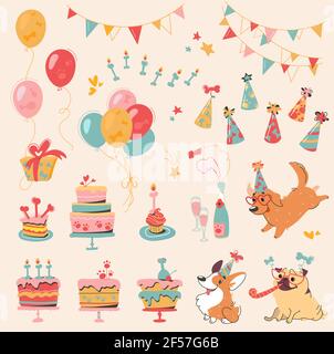 Insieme vettoriale di festa di compleanno del cane ed elementi per la progettazione - cani, torte, ossa, champagne, ghirlande, tubuli, cappelli di vacanza e trattamento canino. Elementi decorativi in stile cartoon, Corgi, Pug, Labrador Illustrazione Vettoriale