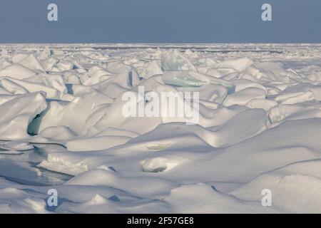 Ice build-up, stretto di Mackinac, tra il lago Michigan e il lago Huron, Michigan, USA, febbraio, di James D Coppinger/Dembinsky Photo Assoc Foto Stock