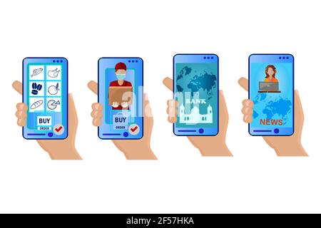 Set di mani e telefoni con app diverse isolate su sfondo bianco. Concetto di applicazioni mobili. Mani che tengono gli smartphone. Illustrazione vettoriale Illustrazione Vettoriale