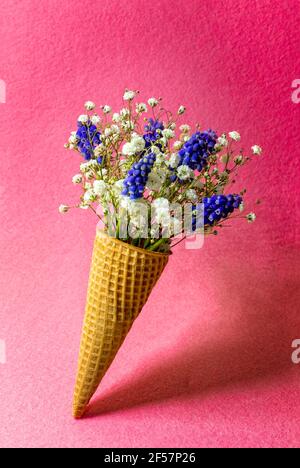 Cono gelato con fiori su sfondo rosa. Vista laterale, spazio copia, concetto di fiori primaverili Foto Stock