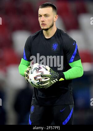 BOEDAPEST, UNGHERIA - MARZO 24: Portiere Justin Bijlow dei Paesi Bassi U21 durante la UEFA Under 21 Euro Championship Group Stage match tra NE Foto Stock