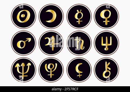 Simboli astrologici dei pianeti. Queste icone vengono utilizzate in astrologia Illustrazione Vettoriale