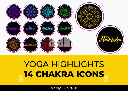 L'evidenziazione Yoga copre 14 set di icone chakra. Illustrazione vettoriale Illustrazione Vettoriale