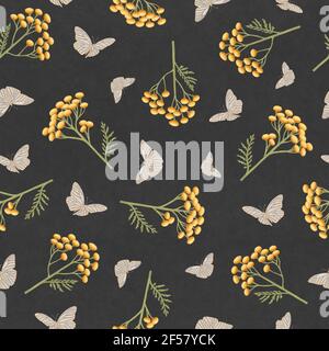Tanacetum e farfalle su sfondo nero. Modello senza cuciture con fiori di tansy e farfalle. Illustrazione botanica disegnata a mano Foto Stock