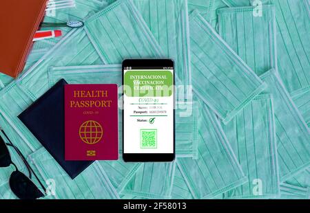 Smartphone che visualizza un certificato di vaccinazione digitale valido per COVID-19. Vaccinazione, passaporto per l'immunità alle malattie, concetti di salute e sorveglianza, Foto Stock