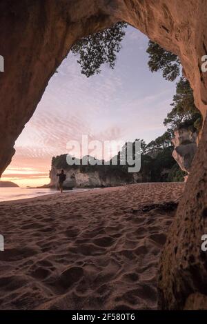 Turista che scatta una fotografia su un telefono a Cathedral Cove, Penisola di Coromandel, Nuova Zelanda, all'alba Foto Stock