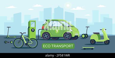 Trasporti ecologici alimentati da fonti energetiche rinnovabili. Auto elettrica alla stazione di ricarica sullo sfondo della città, girobordo, bicicletta, scooter, scooter, skateboard.veicoli vettoriali Illustrazione Vettoriale