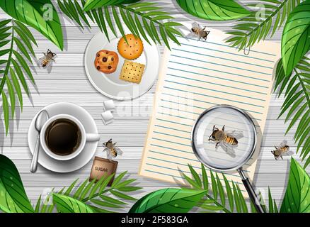 Svuotare la nota sul tavolo con l'illustrazione di ape e caffè Illustrazione Vettoriale