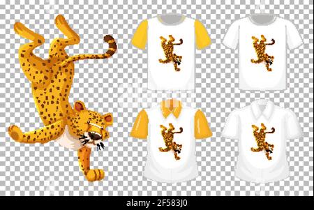 Leopardo in posizione danzante personaggio cartoon con molti tipi di camicie su sfondo trasparente Illustrazione Vettoriale